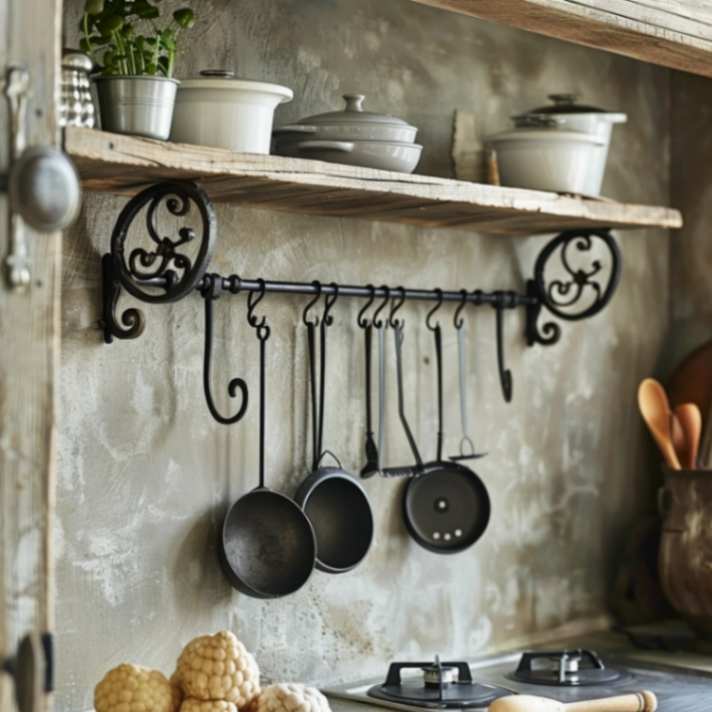 Rustic kitchen items hanged from a metal bar