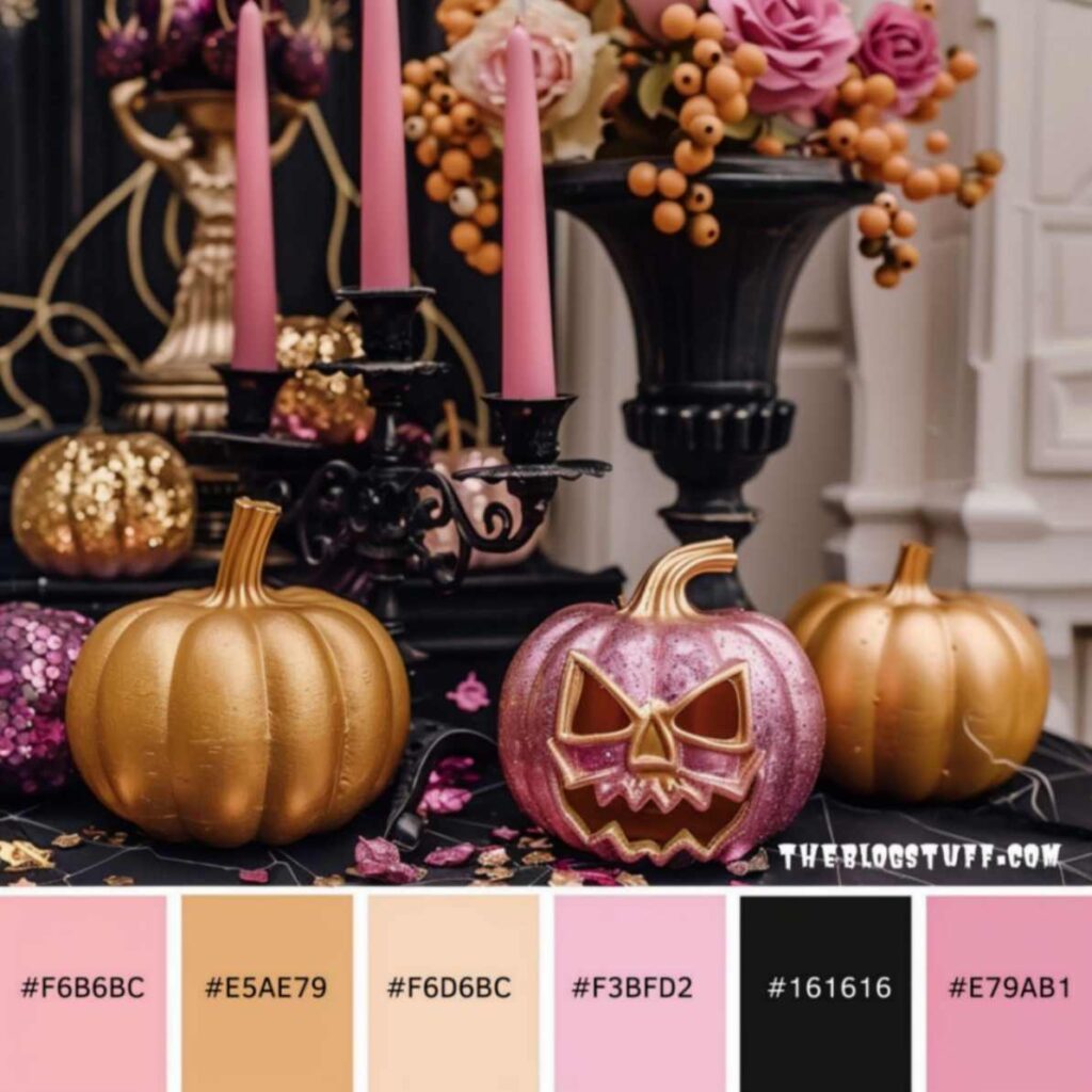 Halloween gold pink color palette with home decorations