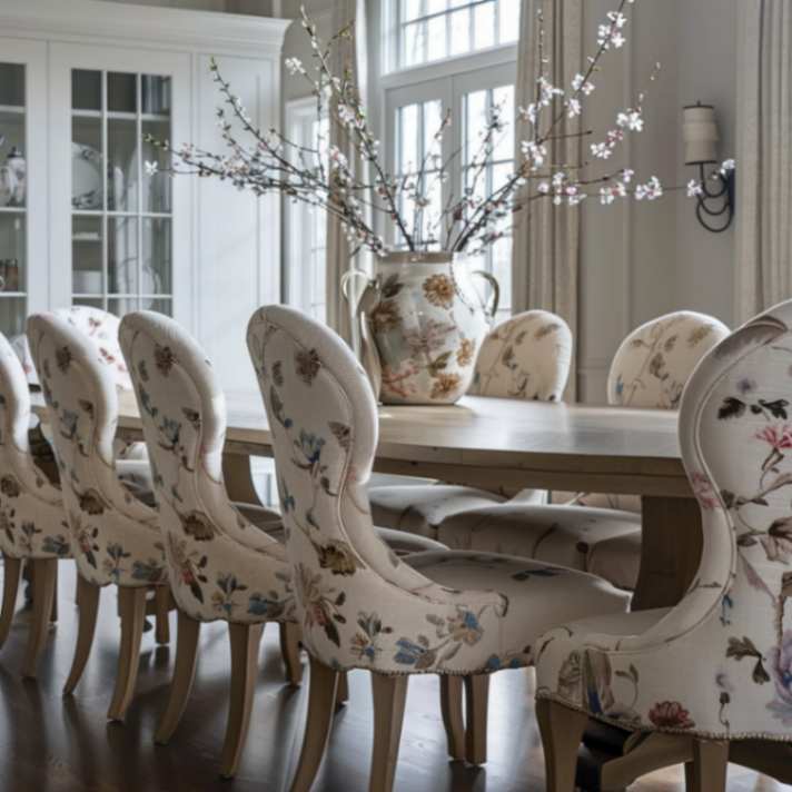 Large dining table with floral upholstered chairs