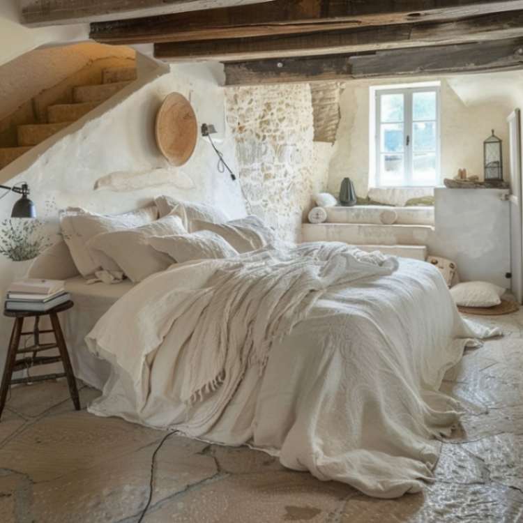 Bed with linen fabric in cream and white colors 