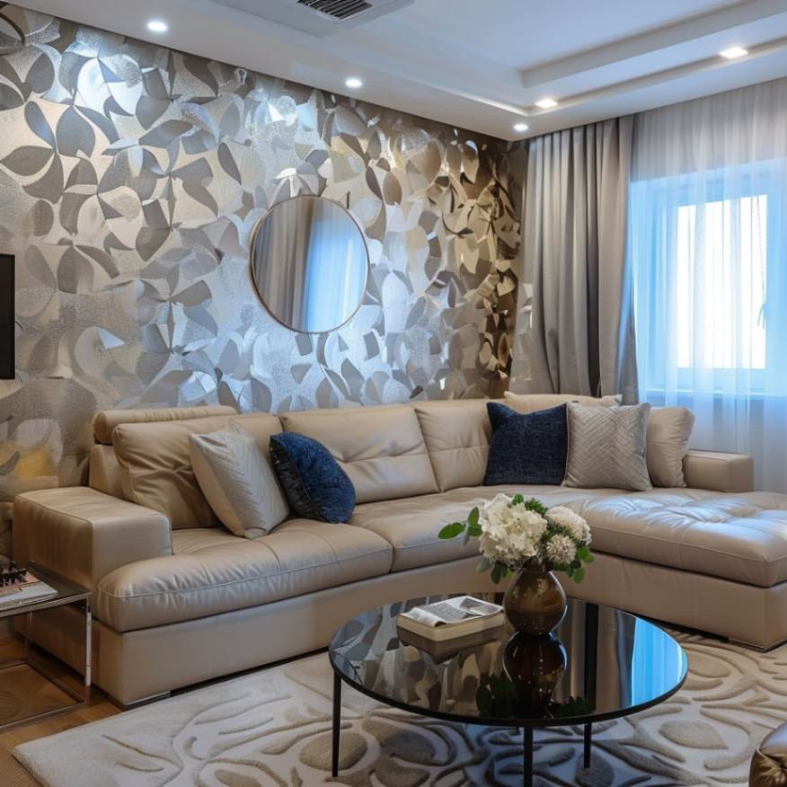 Metallic walpaper in a living room wall