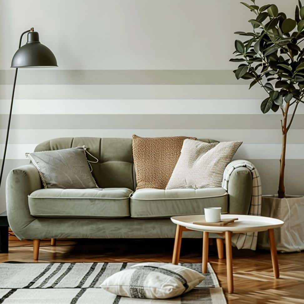 Green and white horizontal stripes wallpaper in a living room