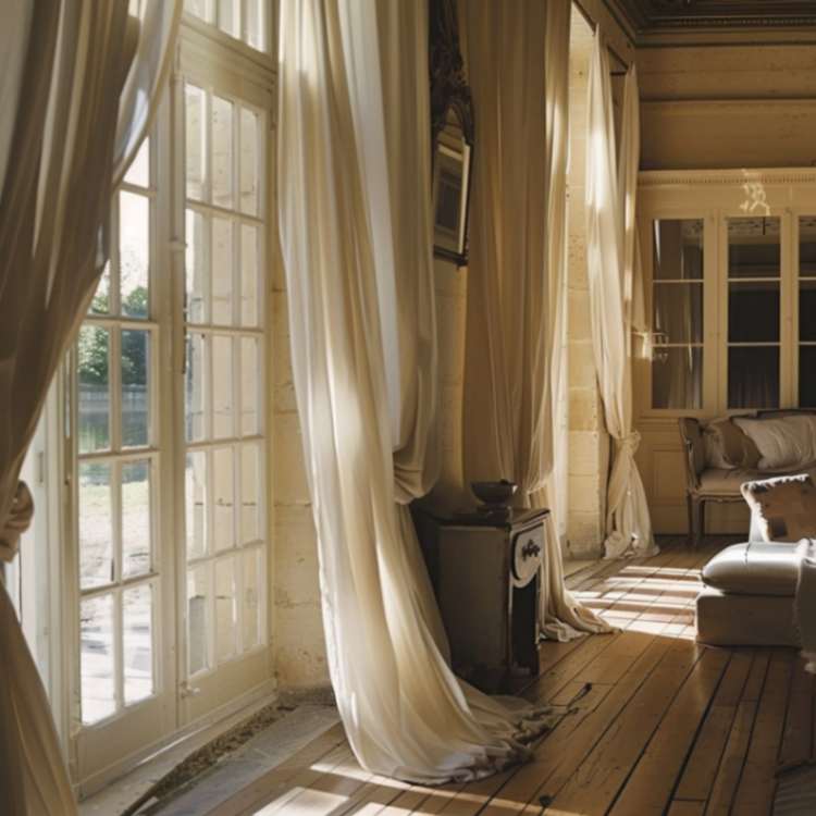 Long drapes over the large framed windows