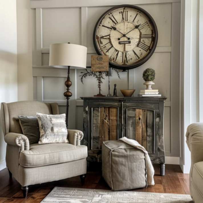 Aged oversized clock on the wall corner of a sitting area