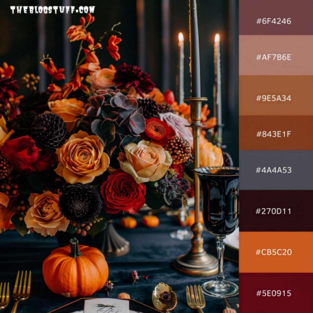 Dinner table with flowers, candles and pumpkins for Halloween decoration