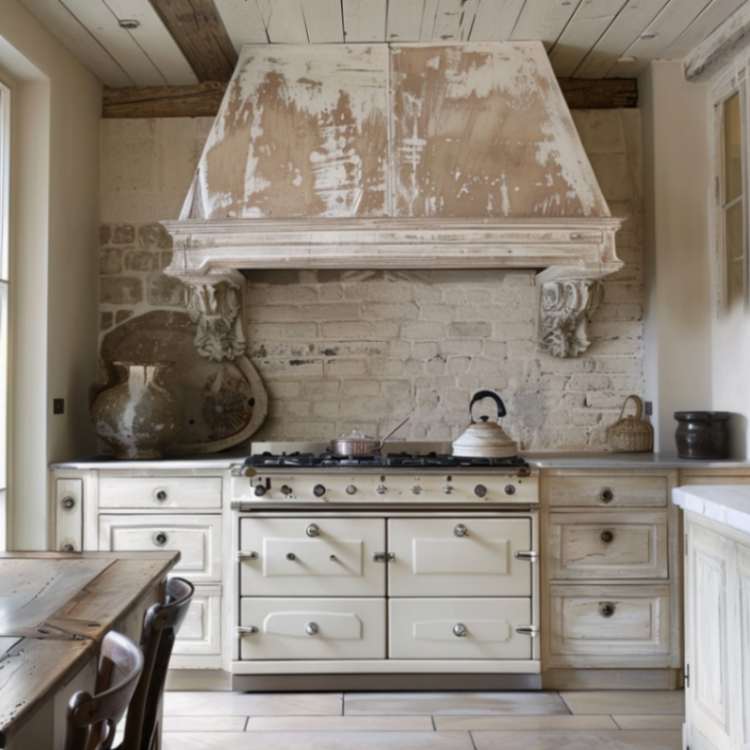 French country kitchen with whitewashing cabinets