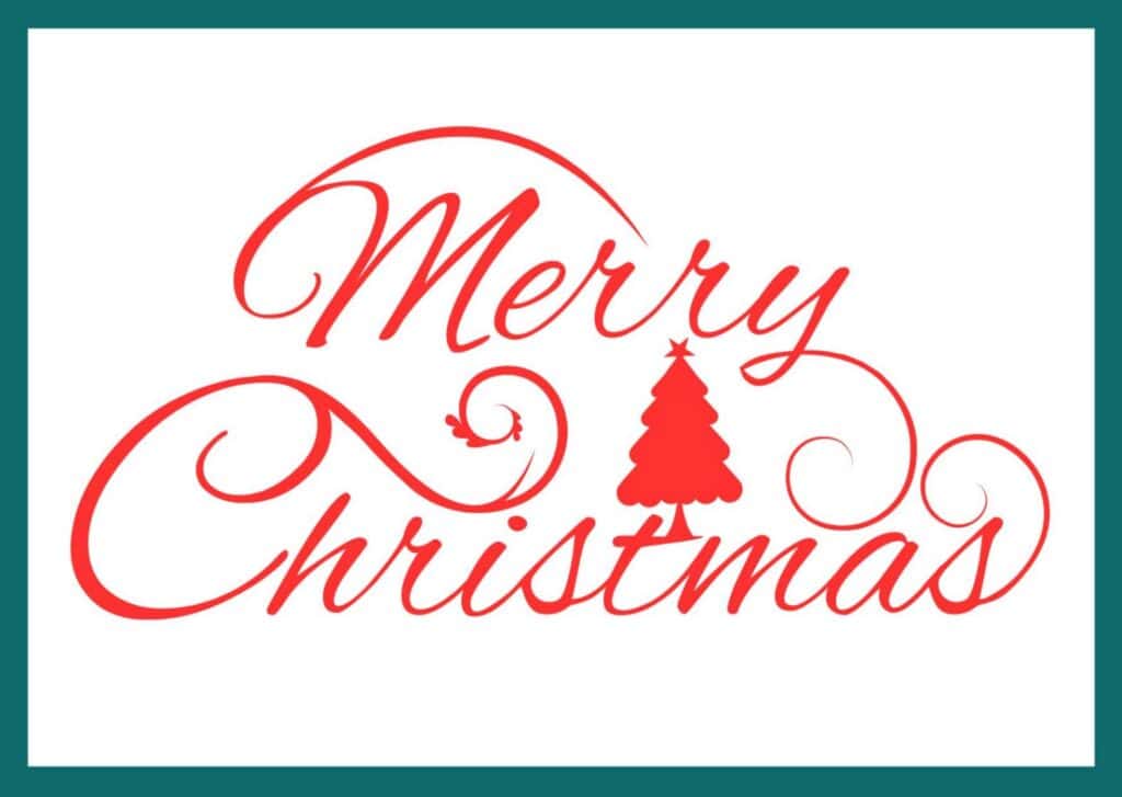 Merry Christmas image with a script red font and a red Christmas tree