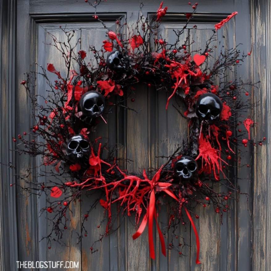 Halloween wreath with black skulls, red twigs, and dripping crimson details, ideal for creating a haunting front door look.