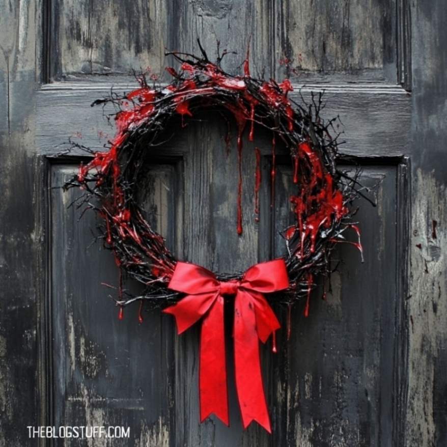 Black vine wreath with dripping red accents and a red ribbon.