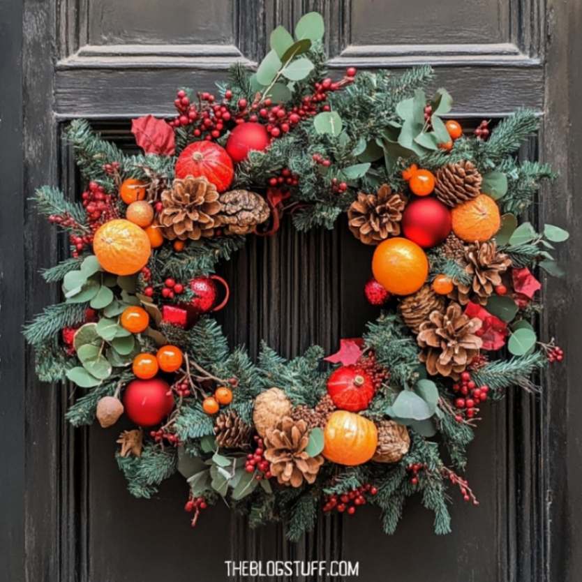 Rustic Halloween wreath featuring dried black and orange flowers, perfect for adding an autumnal touch to your front door.