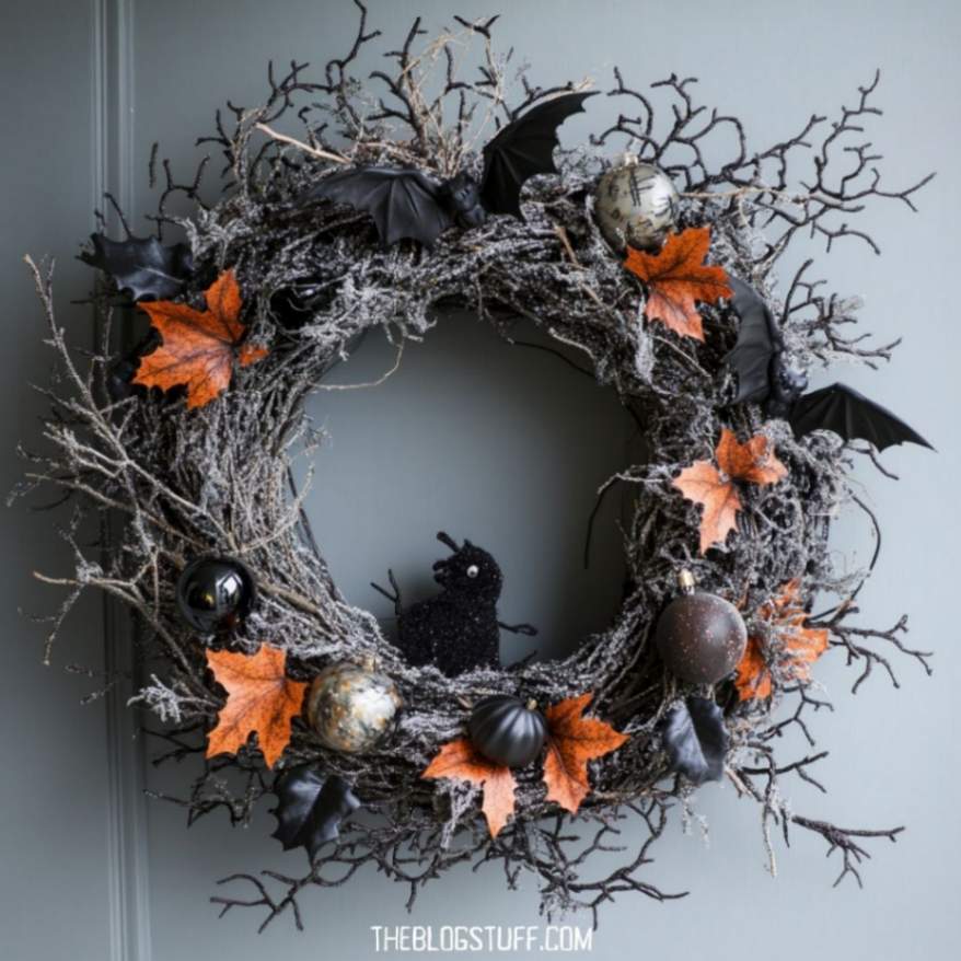 Frosted Halloween wreath with bats, black pumpkins, orange leaves, and a glittery raven, hanging on a pale door.