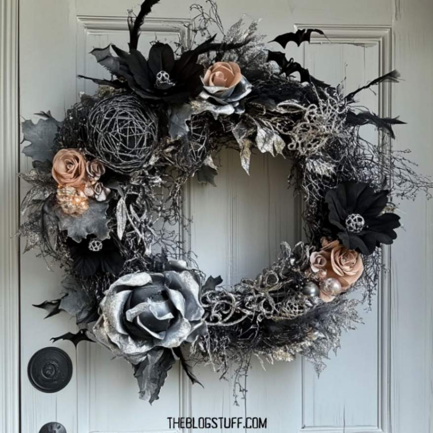 Halloween wreath with black and silver roses, metallic leaves, and small bat decorations, hanging on a door.