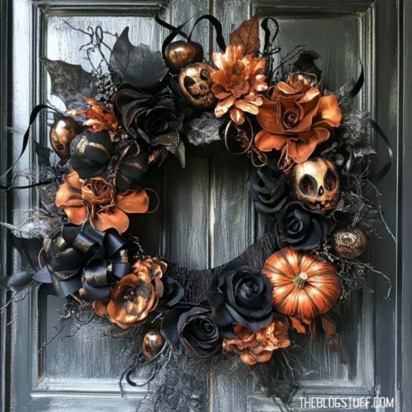 Gothic wreath with black roses, skulls, and orange accents for Halloween.