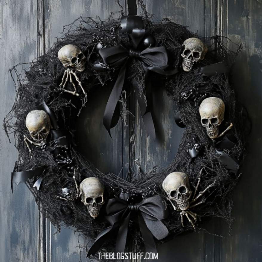 Gothic Halloween wreath with skulls, black bows, and web-like accents, ideal for a spooky and elegant Halloween decoration.