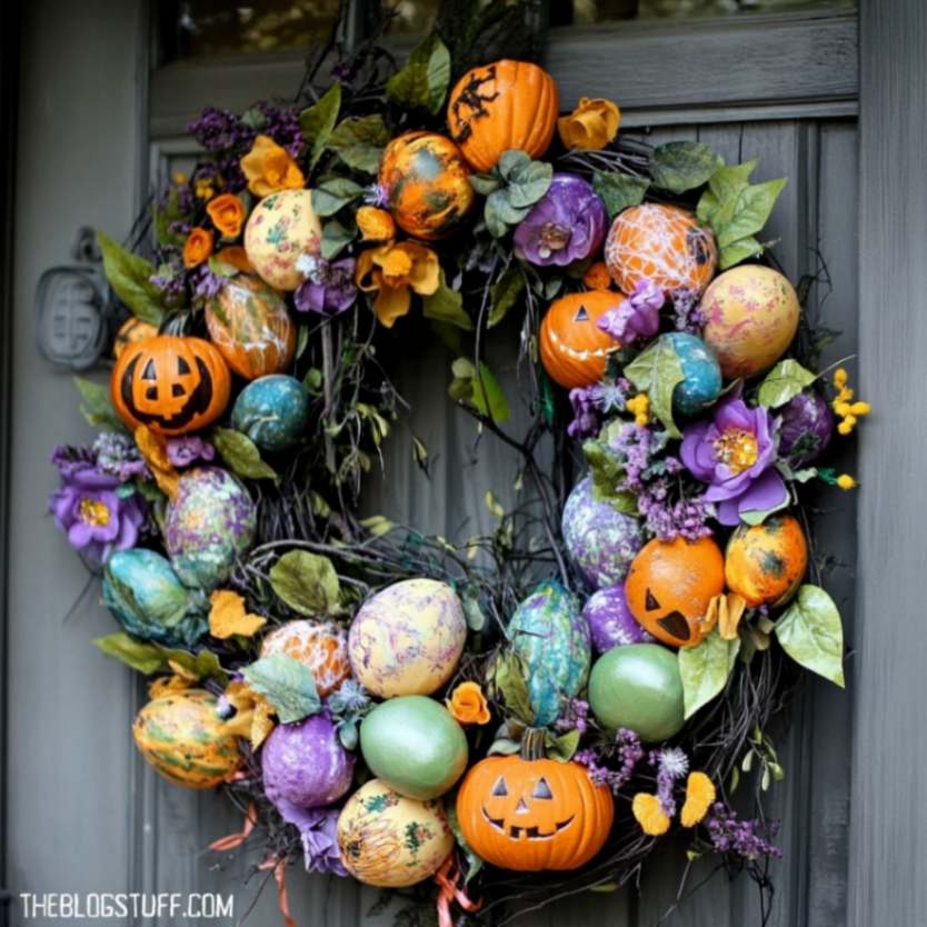 Wreath with pumpkins, painted eggs, and purple flowers for Halloween.