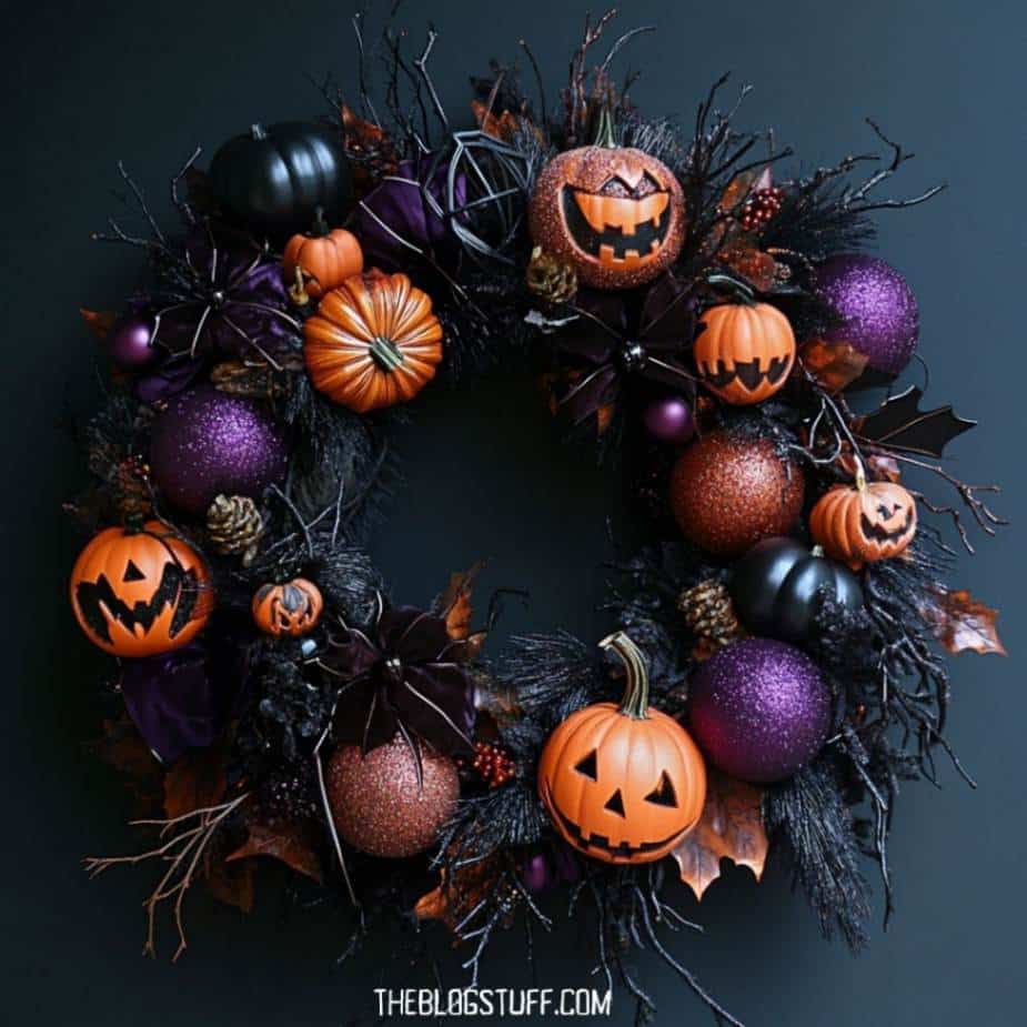 Halloween wreath with pumpkins and purple baubles.