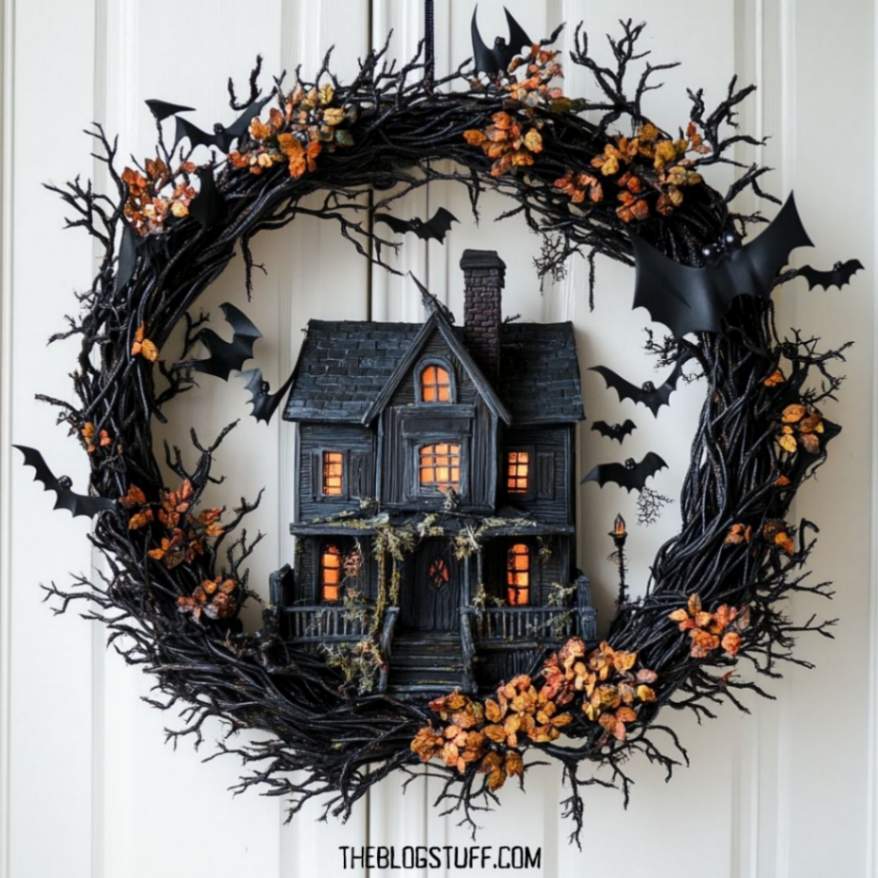 Black wreath with a haunted house, bats, and orange accents.