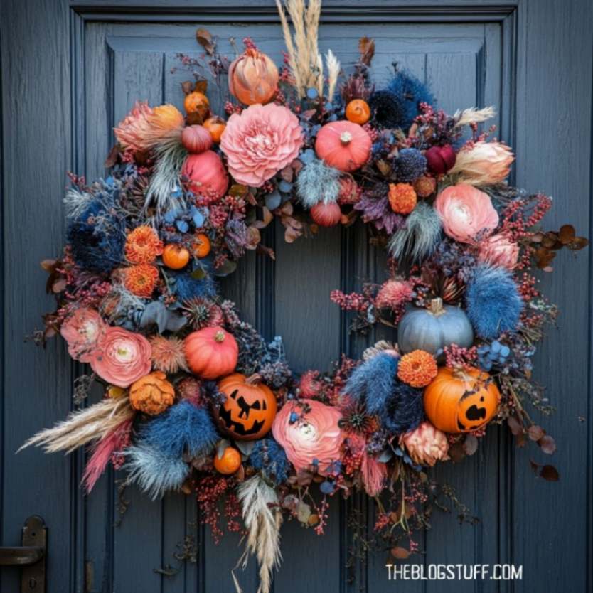 Boho Halloween wreath with pink flowers, blue accents, and pumpkins.