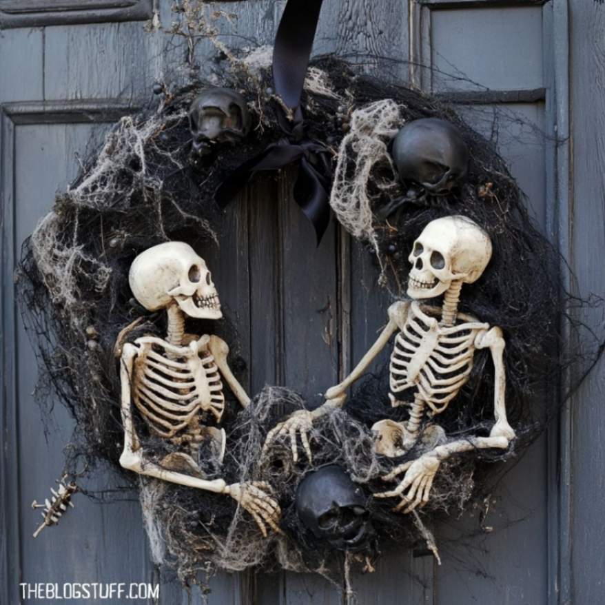 Halloween wreath with skeletons and cobwebs for a spooky effect.