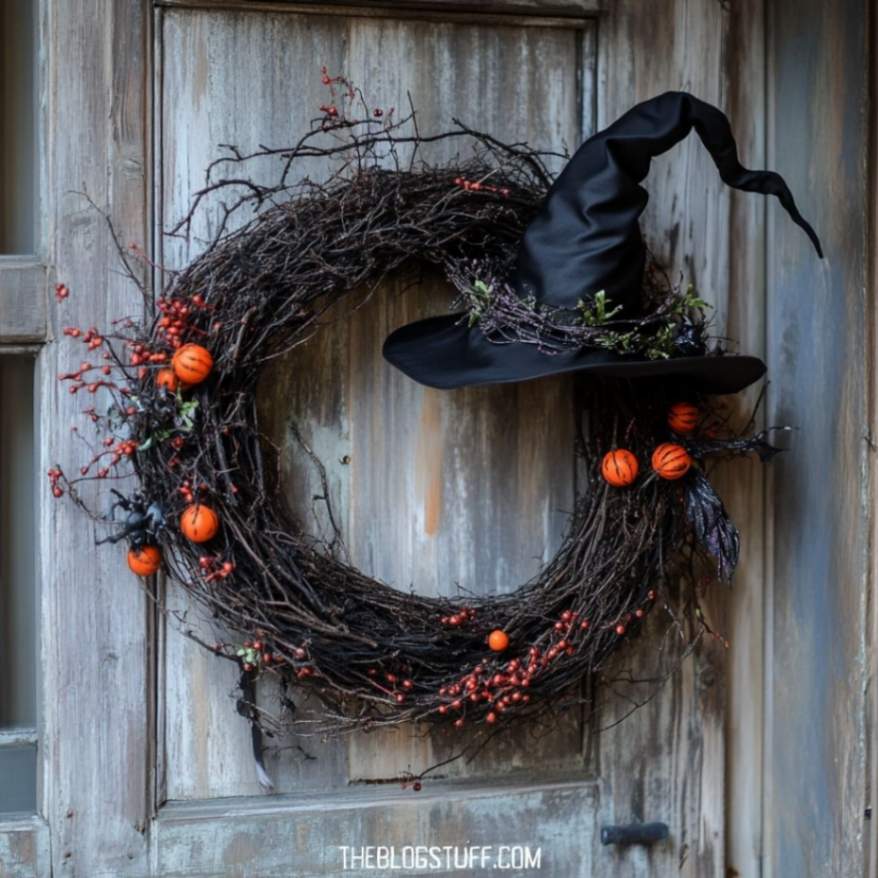 Rustic wreath with a black witch hat and tiny pumpkins.