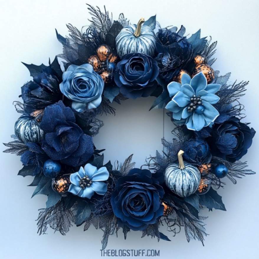 Blue Halloween wreath with blue flowers, pumpkins, and dark leaves, perfect for a sophisticated holiday decoration.