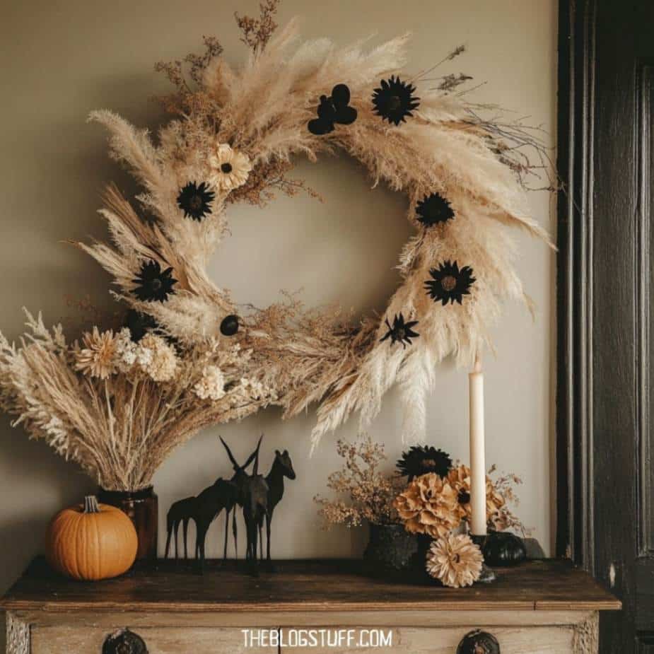 A boho-style Halloween wreath featuring pampas grass, dried flowers, and black floral accents, arranged on a neutral background