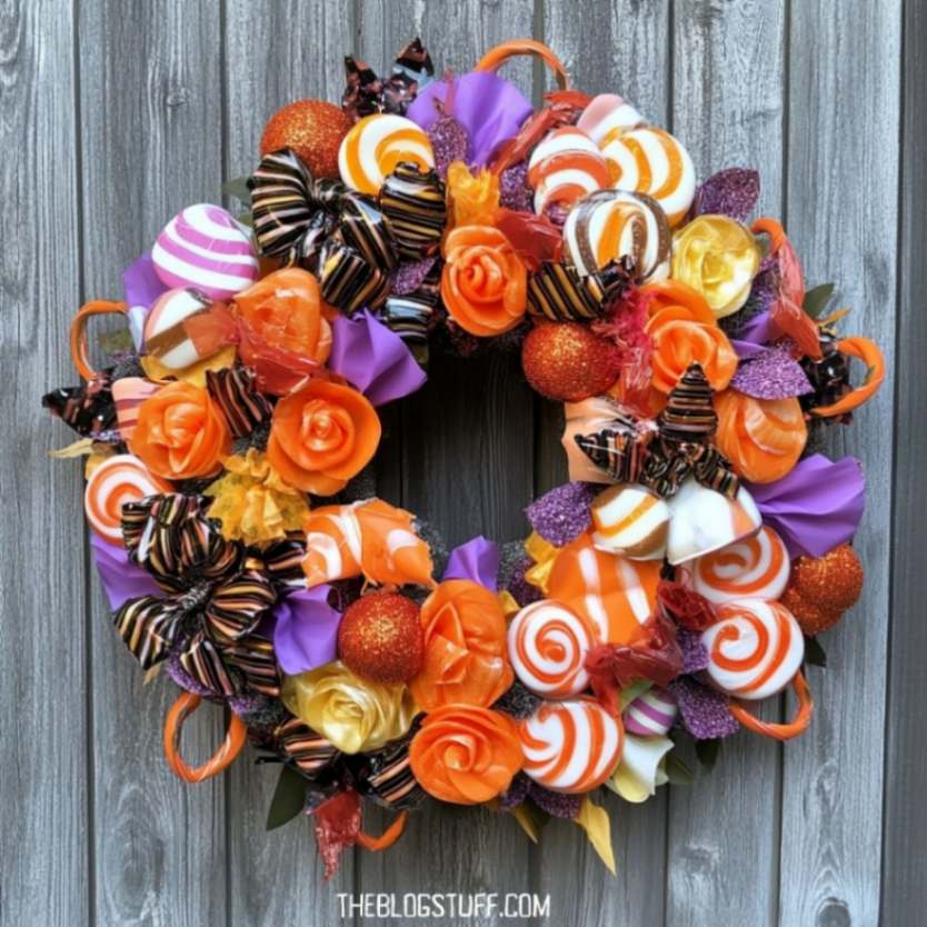 Halloween wreath decorated with colorful candies and ribbons.