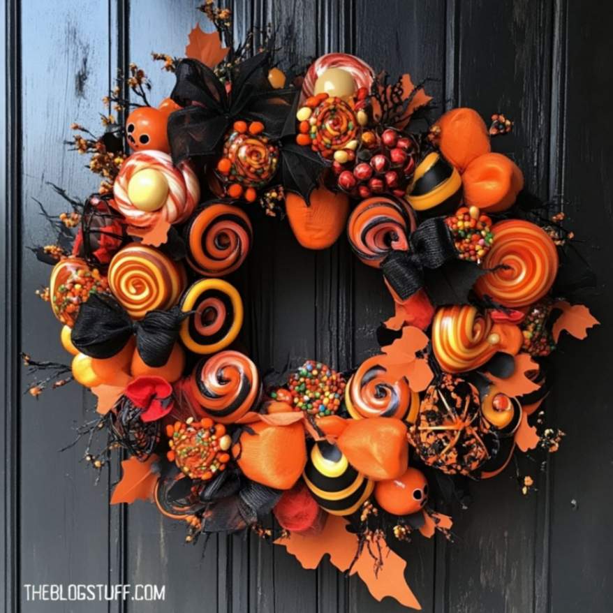 Halloween wreath with candy swirls and orange decorations.