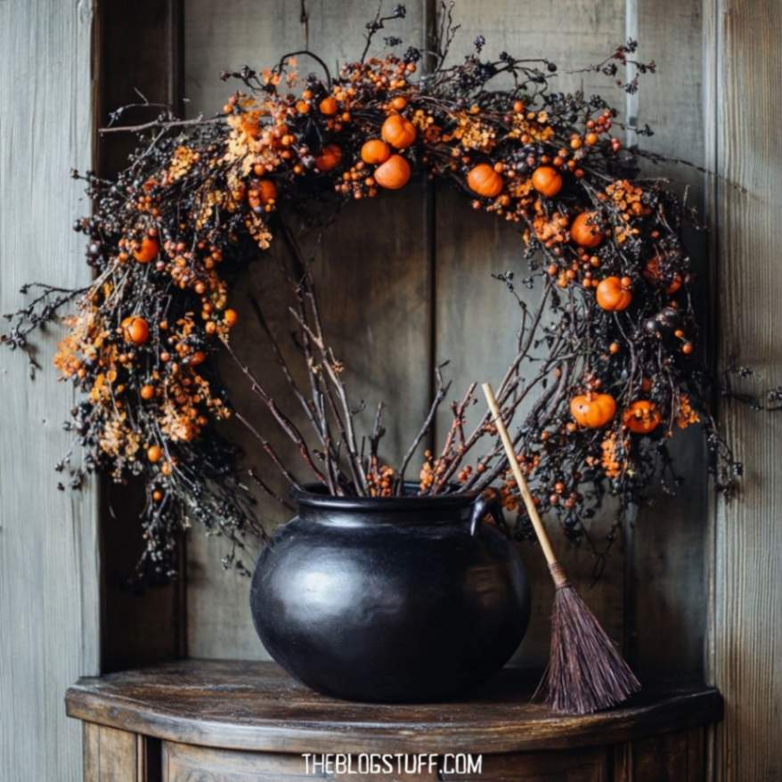 Rustic wreath with small pumpkins beside a black cauldron and broom.