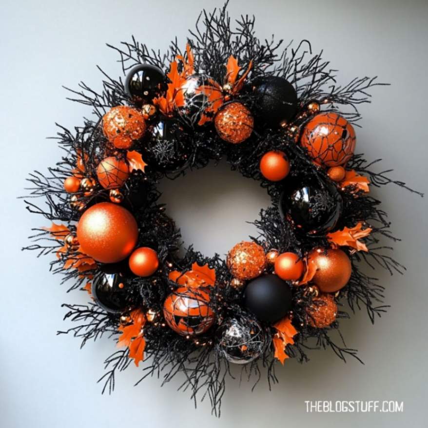 Halloween wreath with black branches, orange and black ornaments, spider web accents, and bright orange leaves, creating a stylish holiday decoration.