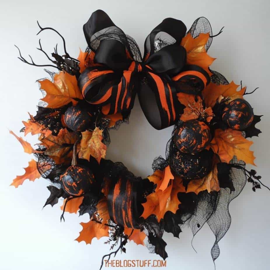 Halloween wreath with orange leaves, black ornaments, and a striped ribbon, bringing classic Halloween charm to your decor.