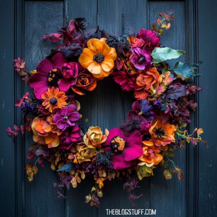 Halloween wreath decorated with bright flowers in shades of orange, magenta, and purple, set against a dark door.