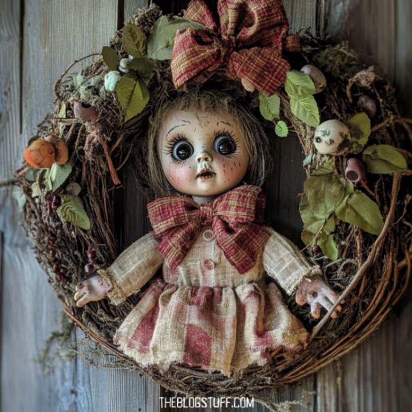 Vintage Halloween wreath with a creepy doll in a red plaid dress, adorned with leaves and rustic decorations.