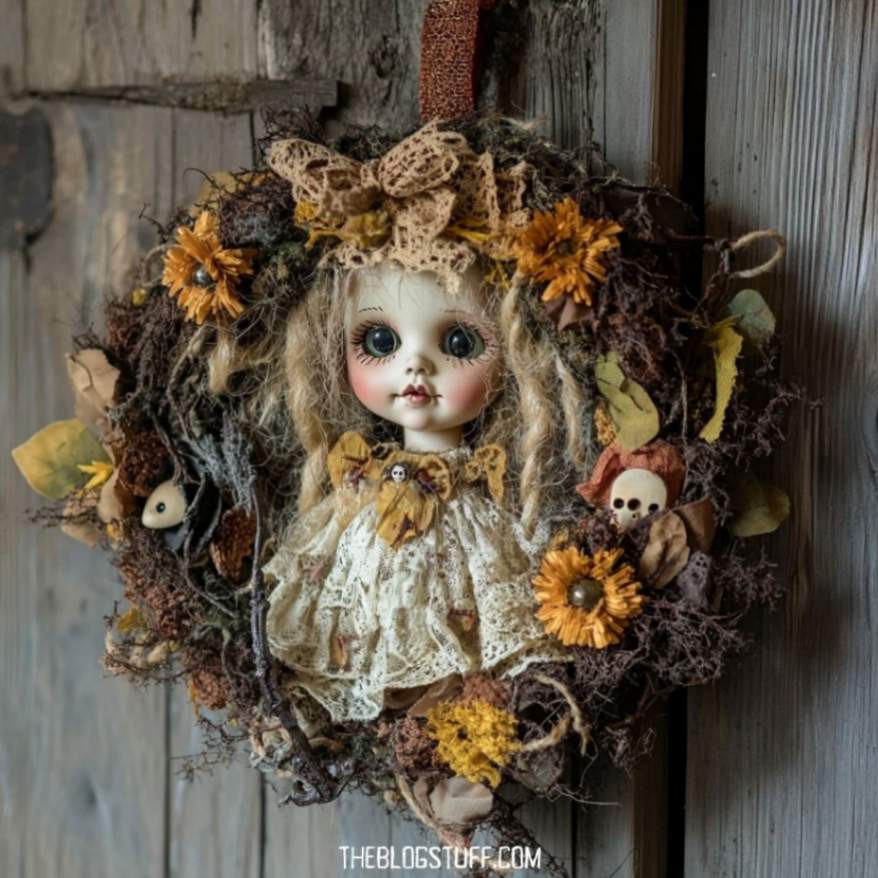 Creepy Halloween wreath with a vintage doll and dried flowers.