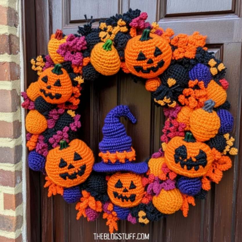 Crochet wreath with pumpkins and a witch hat in orange, black, and purple.