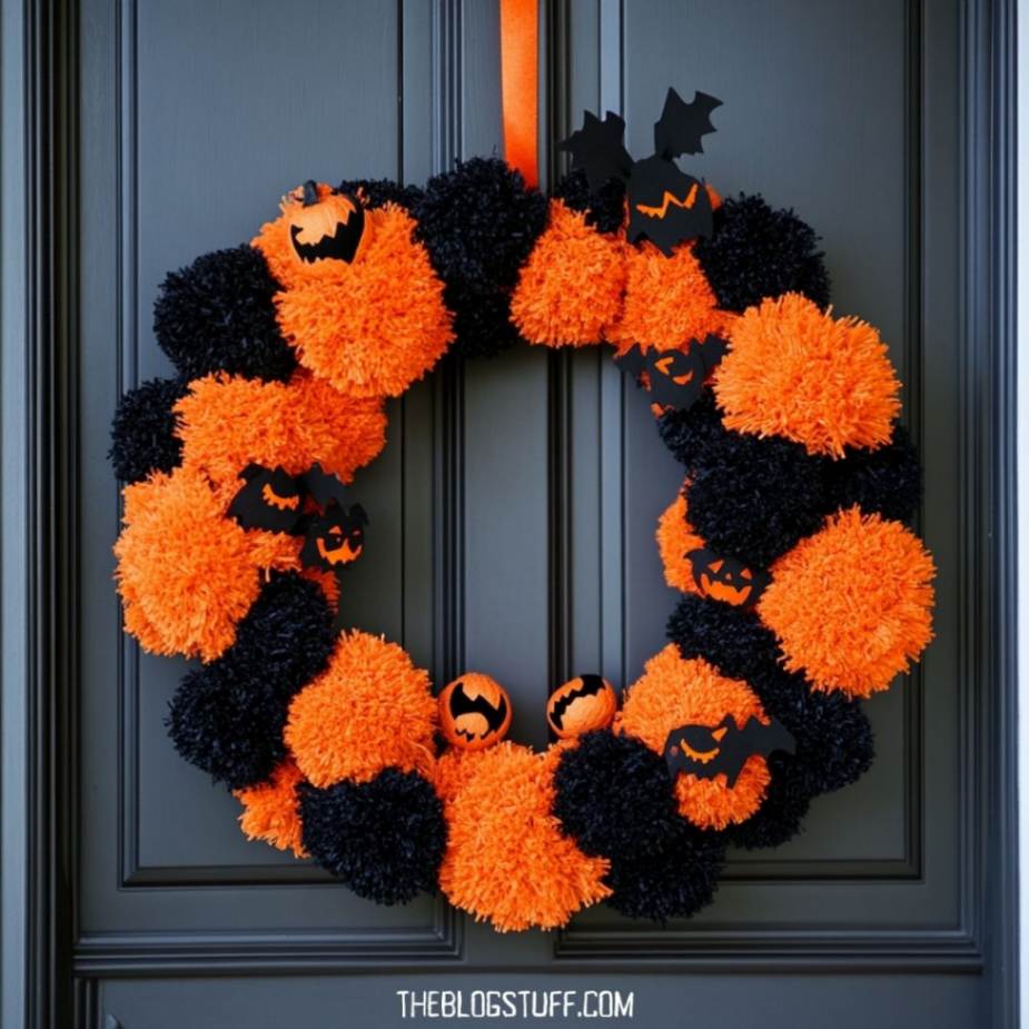 Halloween wreath with crochet orange and black pompoms, decorated with pumpkins and bats.