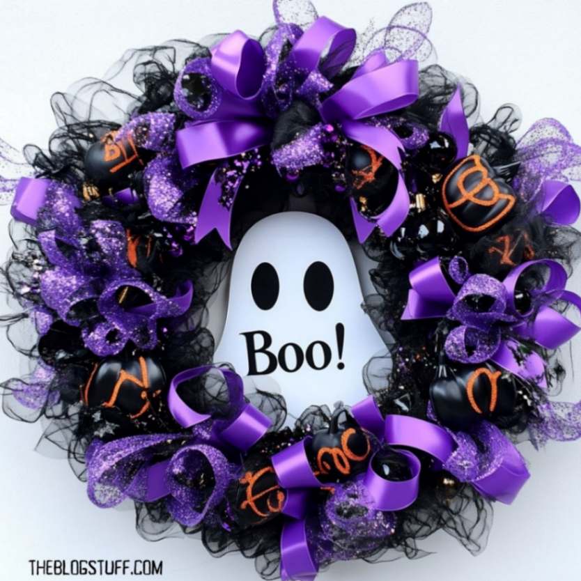 Ghost Halloween wreath with purple ribbons and "Boo!" sign.