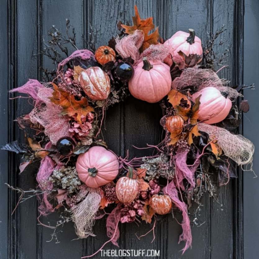 Pink pumpkin Halloween wreath with leaves and mesh accents.