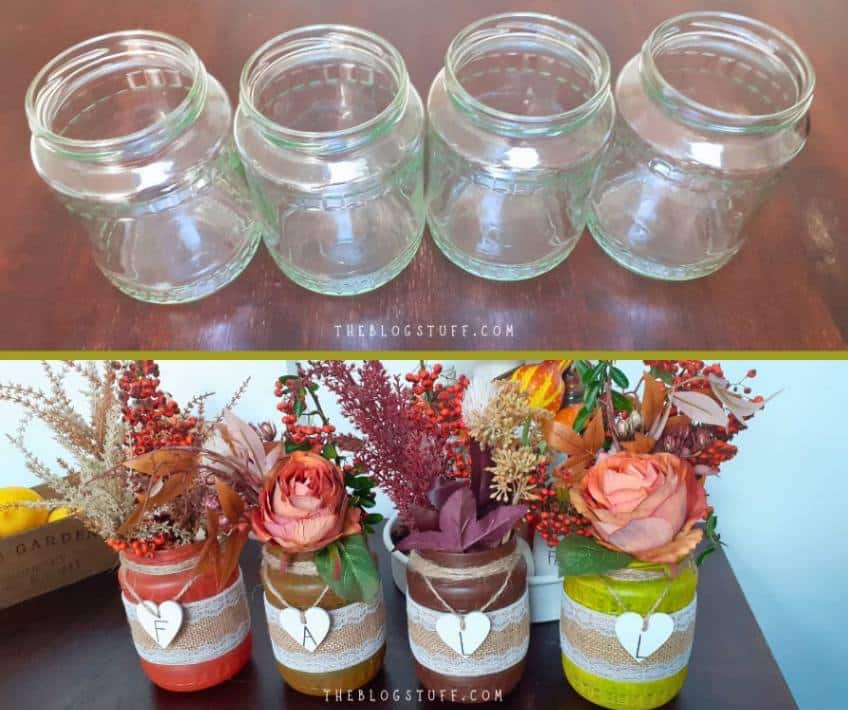 Fall-themed mason jars with flowers, showing the transformation from plain glass jars to decorated vases.