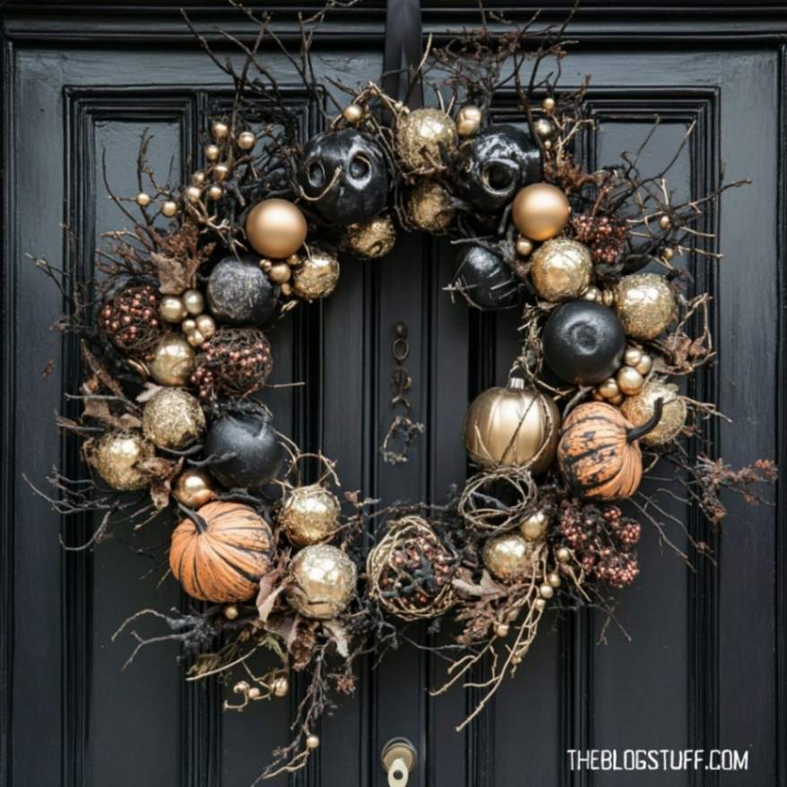 Black and gold Halloween wreath with pumpkins and baubles.