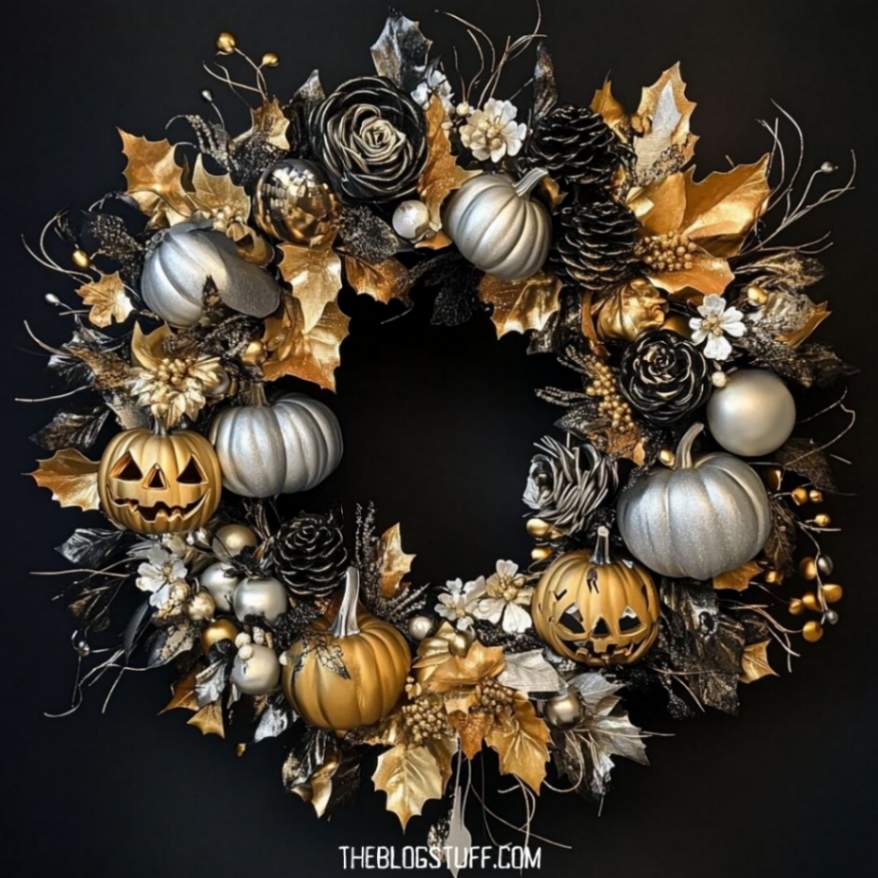 Black and gold Halloween wreath with metallic pumpkins and flowers.