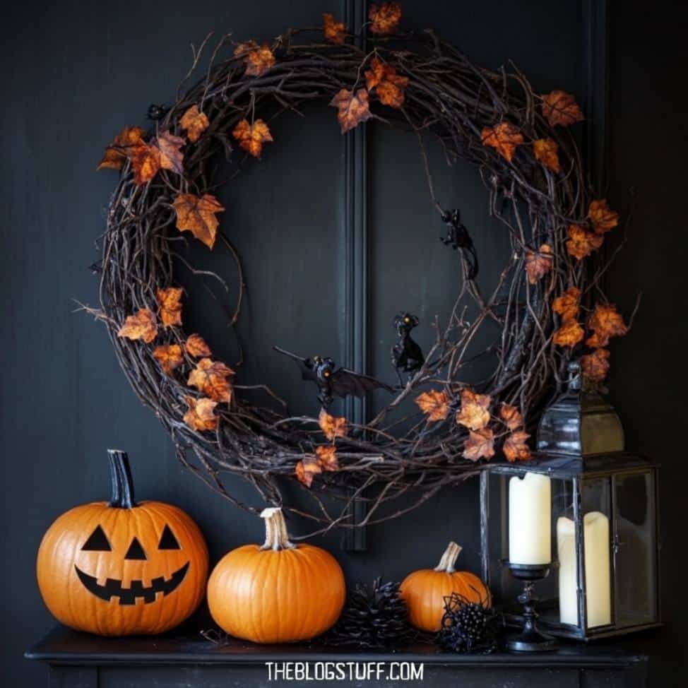 Halloween grapevine wreath decorated with orange leaves and small bats, surrounded by jack-o'-lanterns and a lantern with candles.