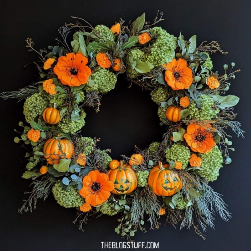 Green Halloween wreath with orange flowers and pumpkins.