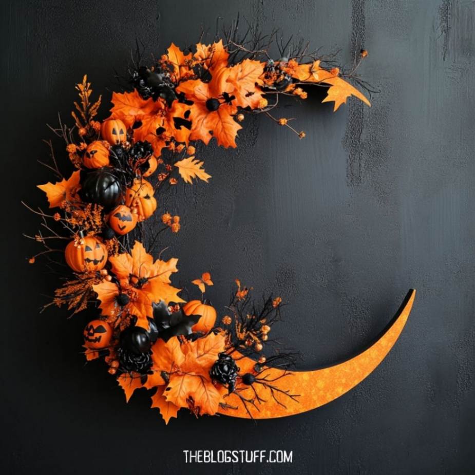 Crescent-shaped Halloween wreath with orange leaves and pumpkins.