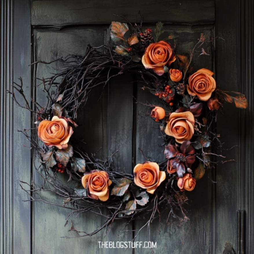 Dark wreath with orange roses for Halloween.