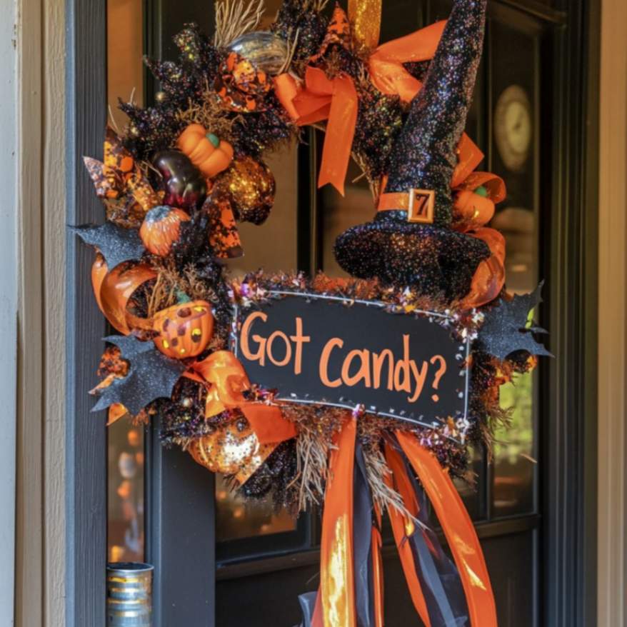 Halloween wreath with a witch hat, "Got Candy?" sign, and bright orange and black accents.