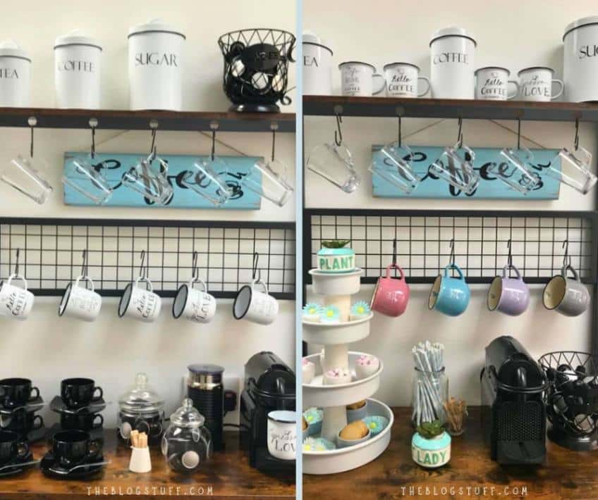 A kitchen coffee bar setup with cups, canisters, and coffee machines, before and after adding colorful mugs and other decorative elements.