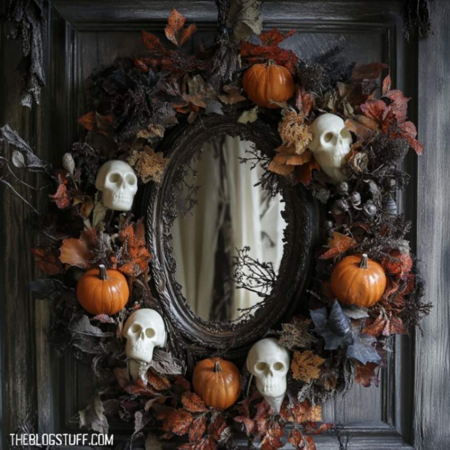 Halloween wreath with skulls, pumpkins, and fall leaves surrounding a vintage mirror, perfect for adding a spooky touch to your haunted home decor.