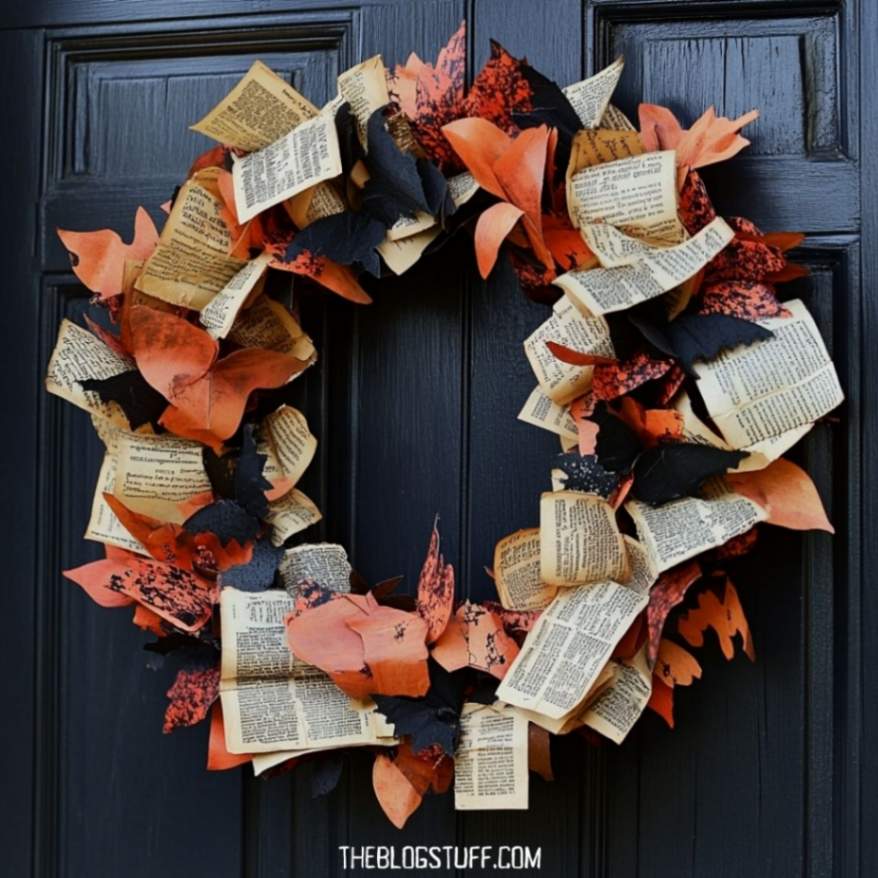 Halloween wreath with orange leaves and old book pages for a vintage Halloween look.