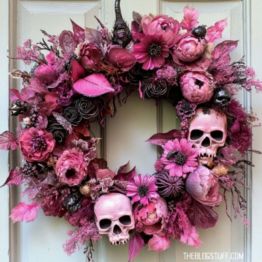 Pink floral wreath with skulls for a whimsical Halloween vibe.